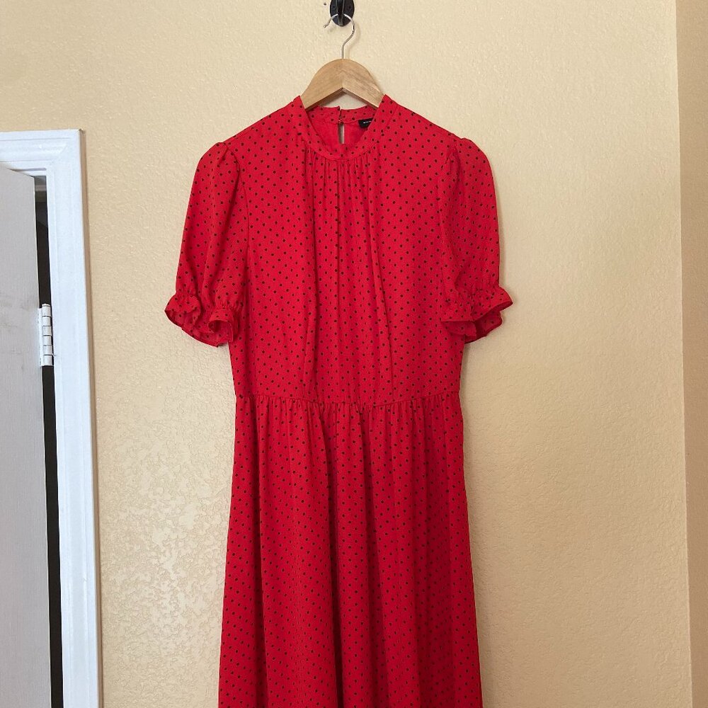 Red Midi Dress with Black Polka Dots, Puff Sleeve, Ruffle Detail, Vintage-Inspo